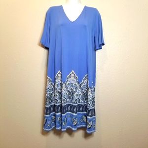 J Jill Wearever Coll. blue v-neck T-shirt dress detailed hemline pattern Size M